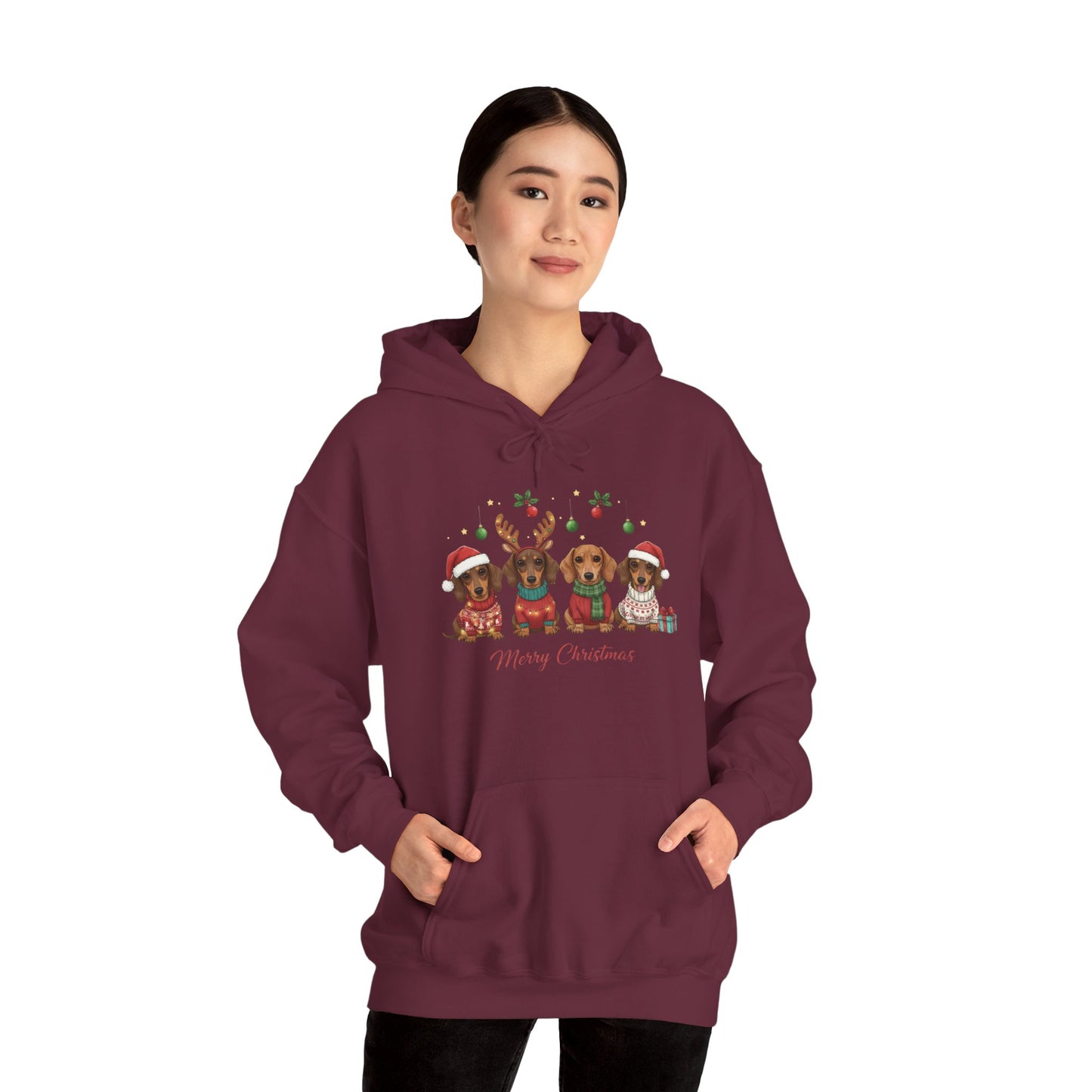 Christmas Puppies Hoodie — "Merry Christmas" Dachshund Santa Sweatshirt