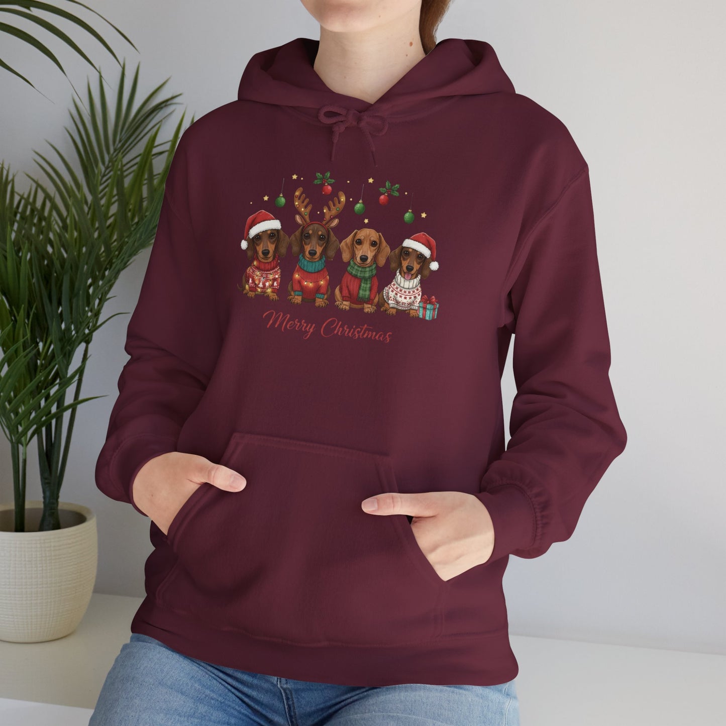 Christmas Puppies Hoodie — "Merry Christmas" Dachshund Santa Sweatshirt
